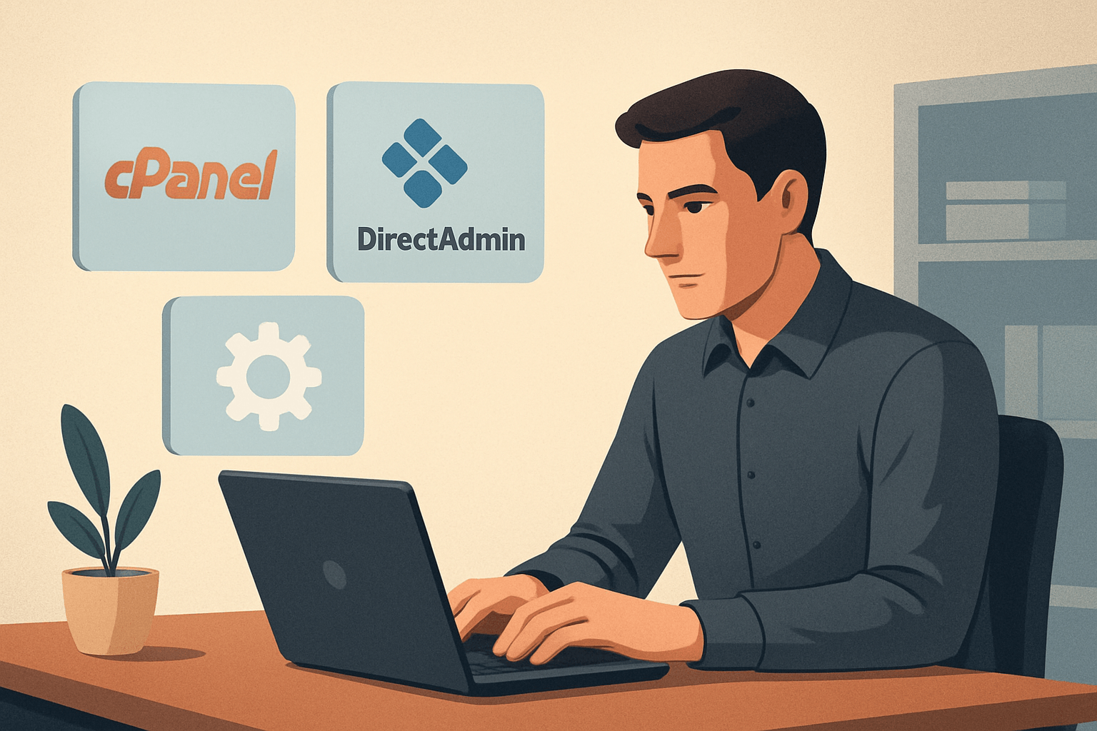 Mężczyzna pracujący przy laptopie z cPanel i DirectAdmin
