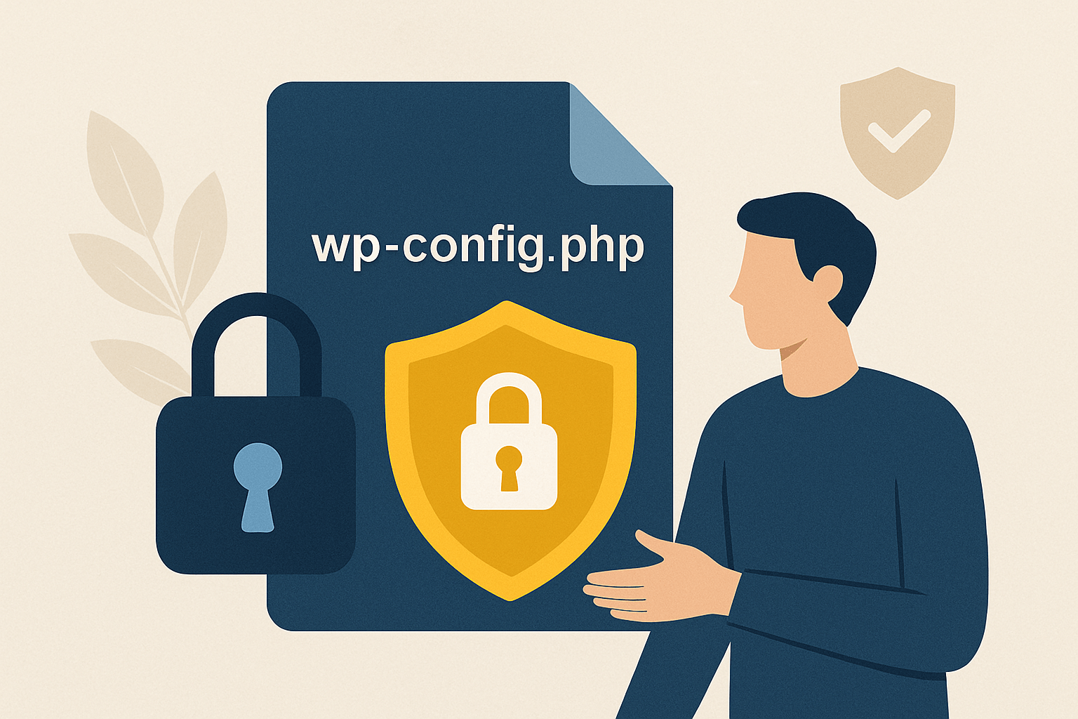 Ilustracja pliku wp-config.php z kłódką i tarczą