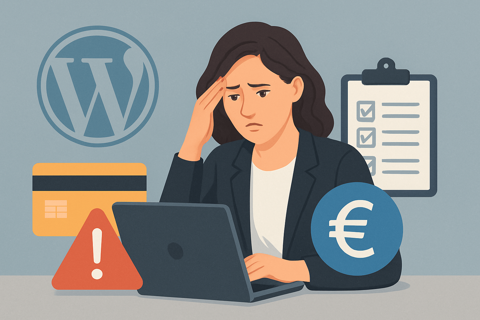 Płatności w WooCommerce nie przechodzą? Najczęstsze przyczyny i skuteczne testy image Zestresowana kobieta przy laptopie z ikonami finansów