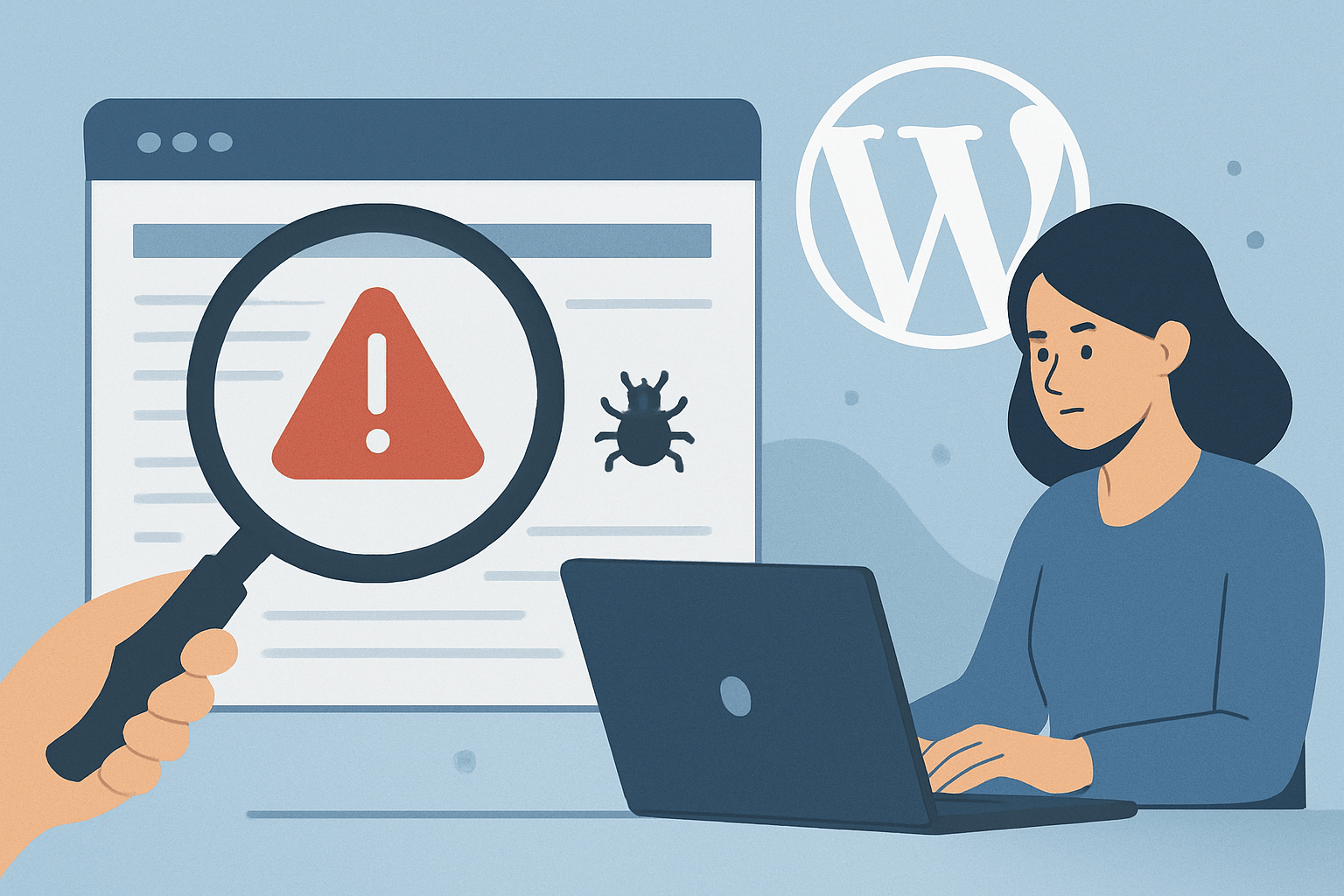 Kobieta przy laptopie i ostrzeżenie o błędzie WordPress