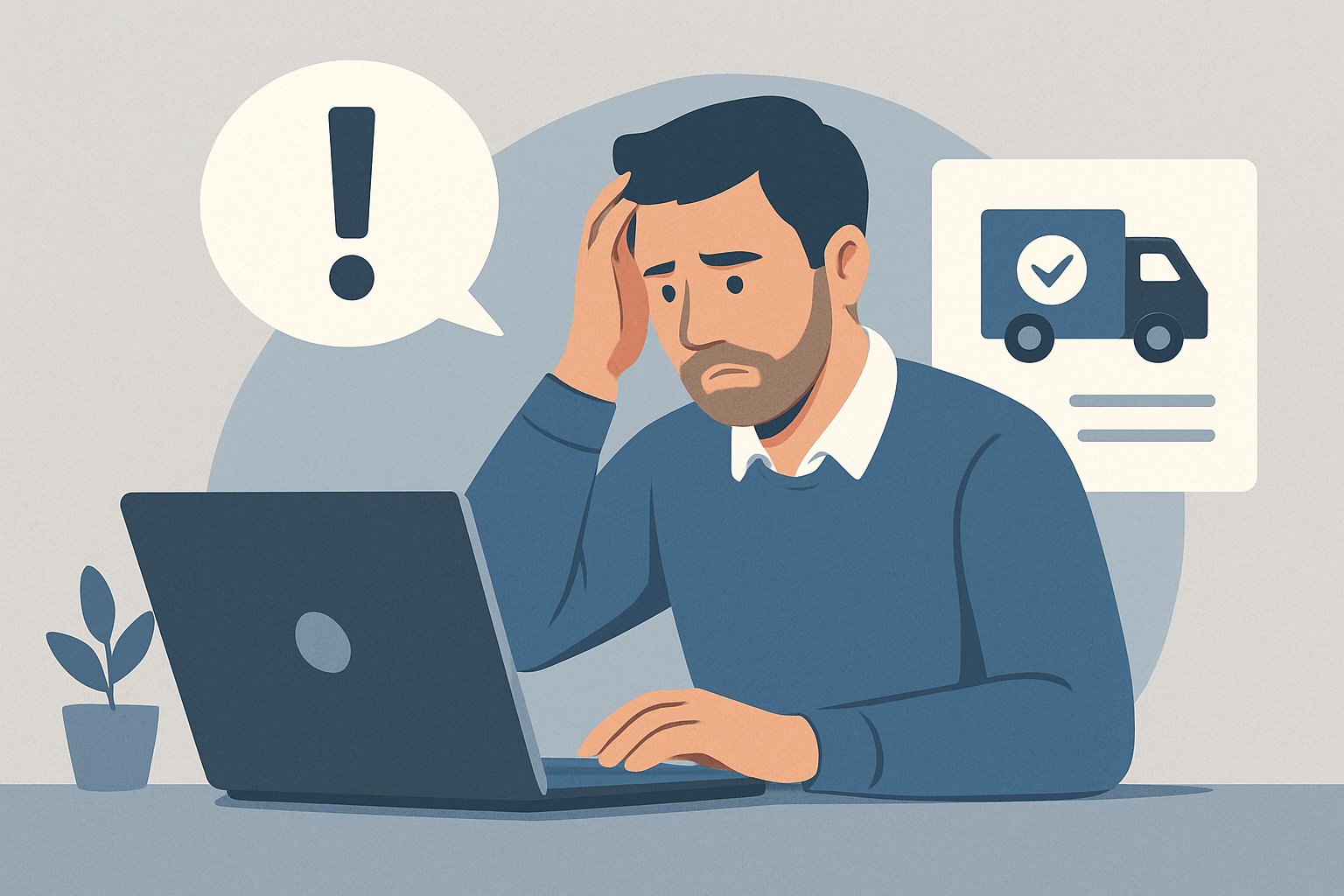 Zmartwiony mężczyzna przy laptopie, problem z dostawą