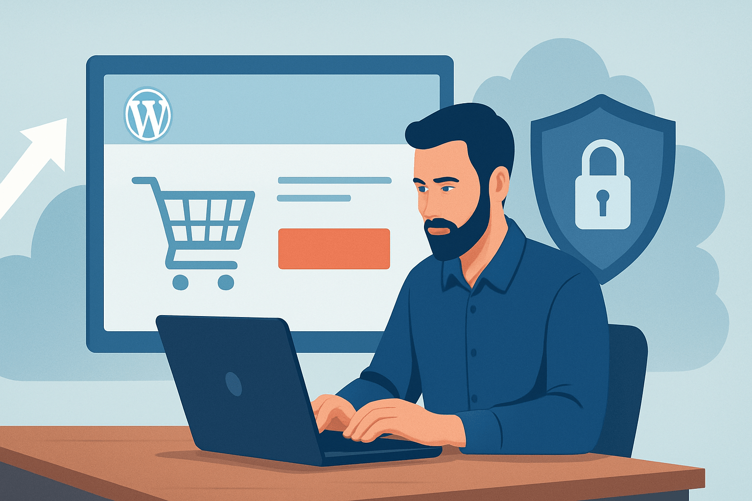 Mężczyzna pracujący przy sklepie WordPress na laptopie