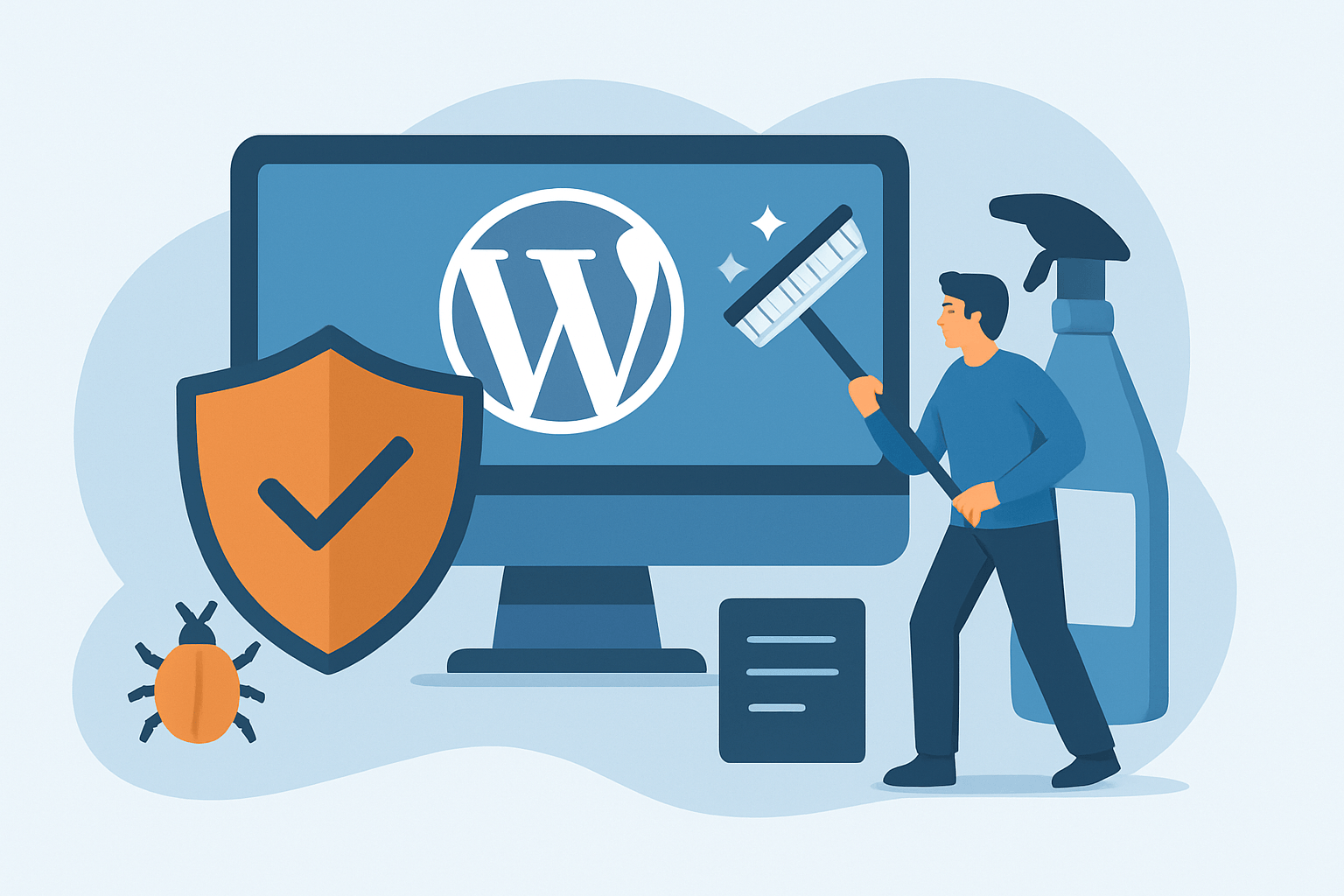 Ilustracja zabezpieczeń i czyszczenia strony WordPress
